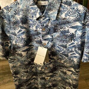 NEW_Mens Blue and White Tropical Shirt, Size Med